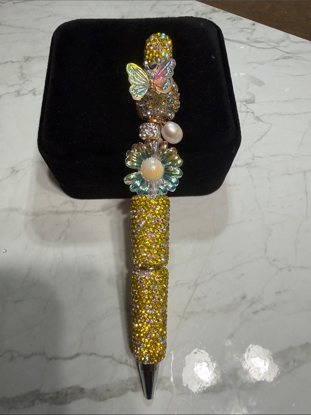 Handmade Yellow Crystal Butterfly & Flower Pen